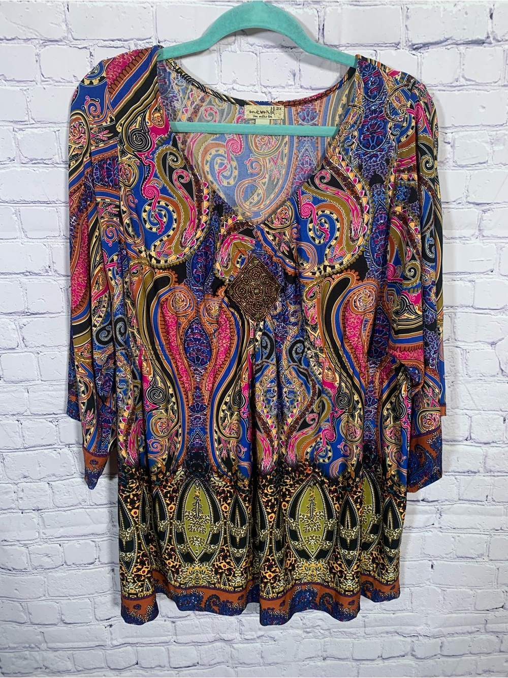 One World Womens Multi Printed V-Neck Top Beaded Size 2X Fairy Lagenlook Casual